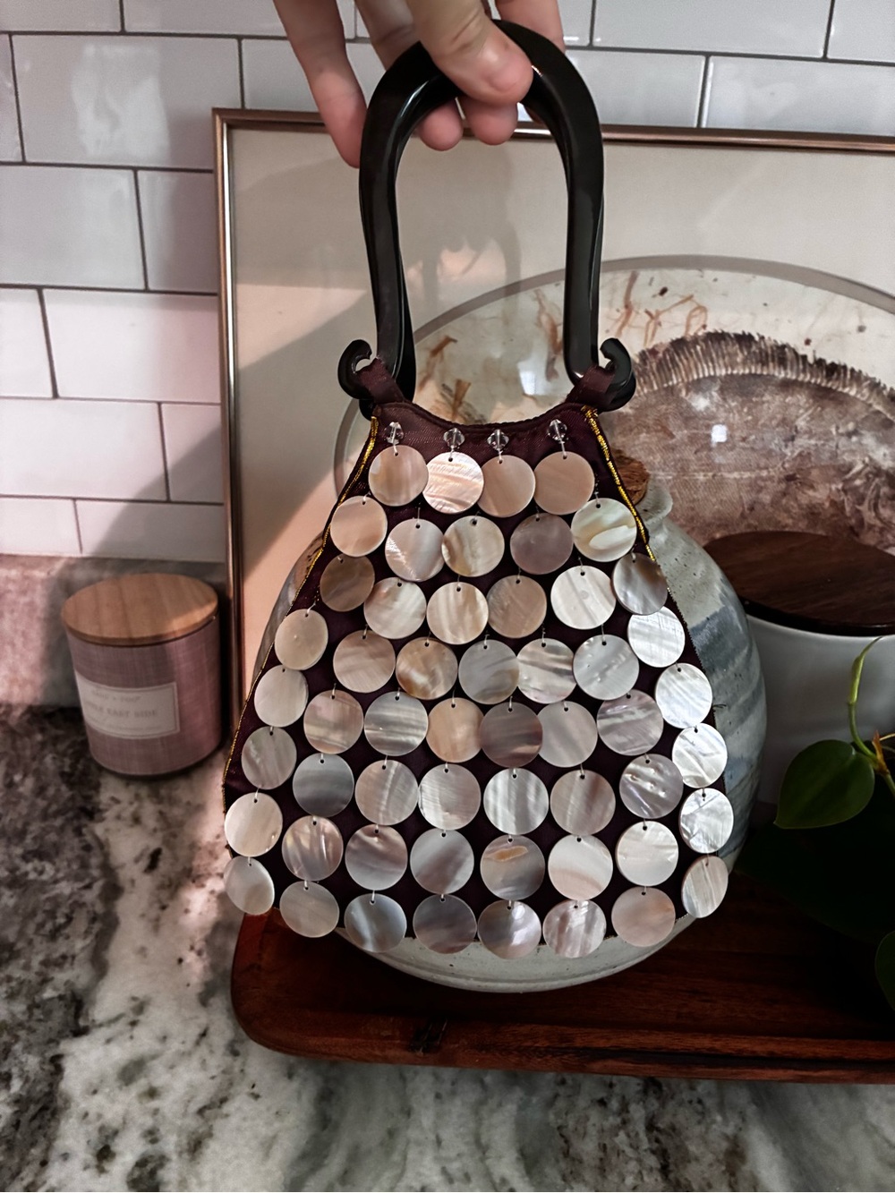 Vintage mother of pearl Shell Accent Tote  Bag Iridescent, silk horn handle!!!